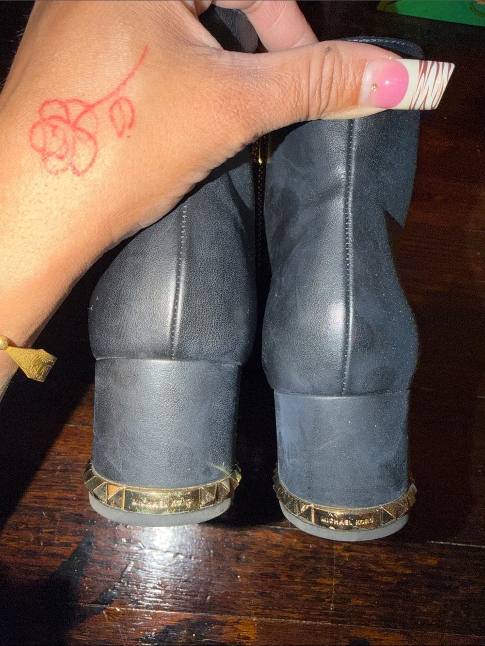 Michael Kors Black Leather Ankle Boots with Gold Stud Heel